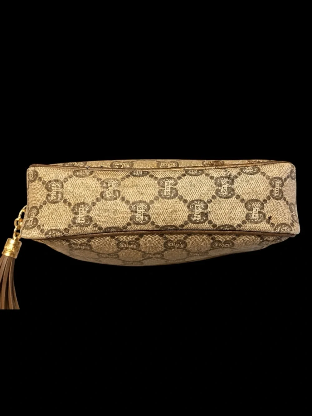 Authentic Gucci Beige/Brown GG Plus Canvas/Leather Crossbody chain-Tassel VG